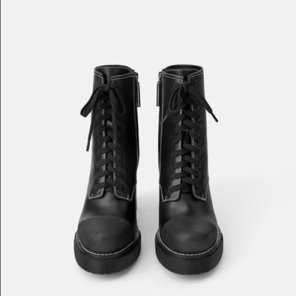 Zara Leather High Heel Ankle Boots Lug Soles Black - Picture 3 of 10